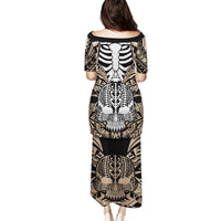 Personalised Polynesia Skull Family Matching Puletasi Dress and Hawaiian Shirt With Boars Tusk Gold Arty Vibe LT9 - Polynesian Pride