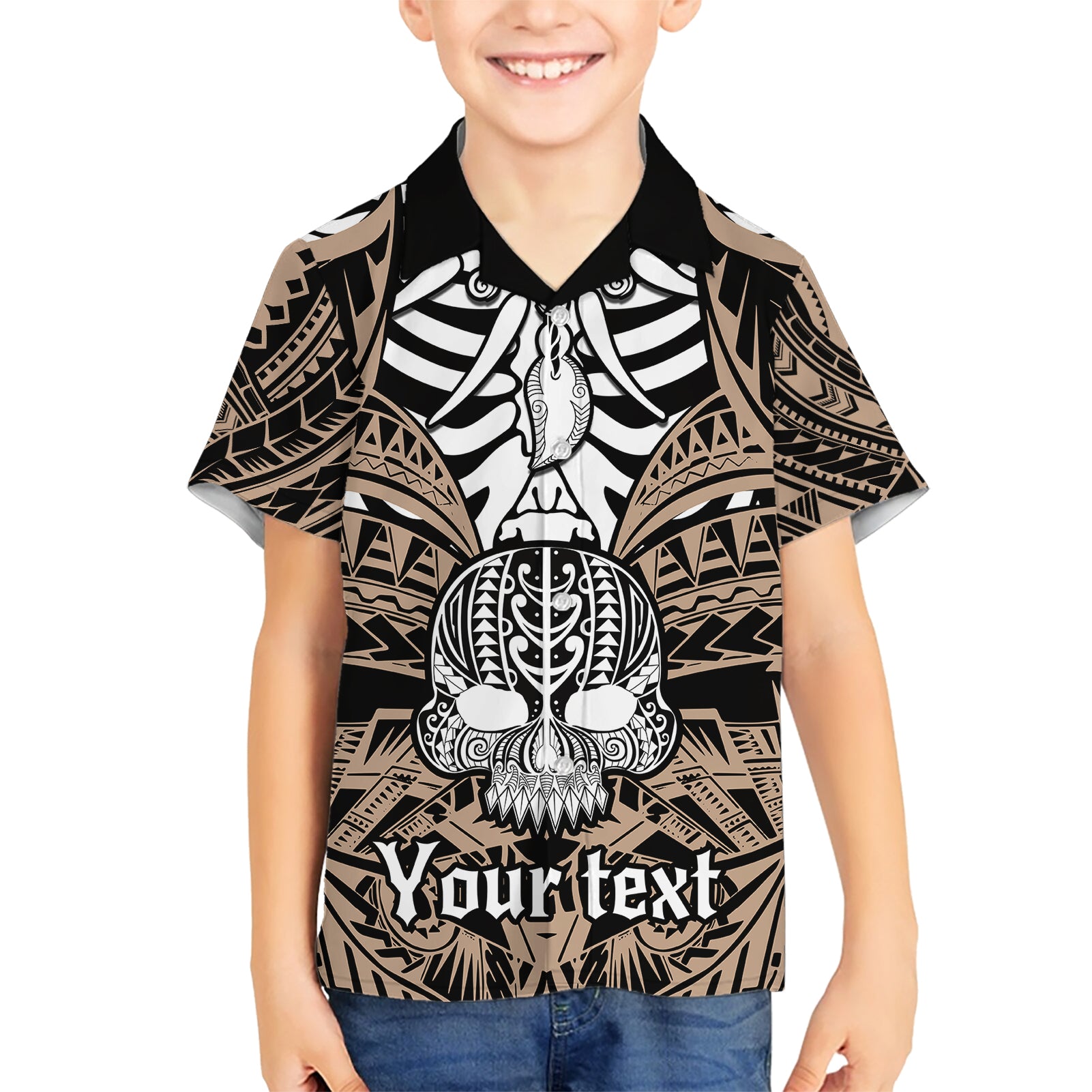 personalised-polynesia-skull-kid-hawaiian-shirt-with-boars-tusk-gold-arty-vibe