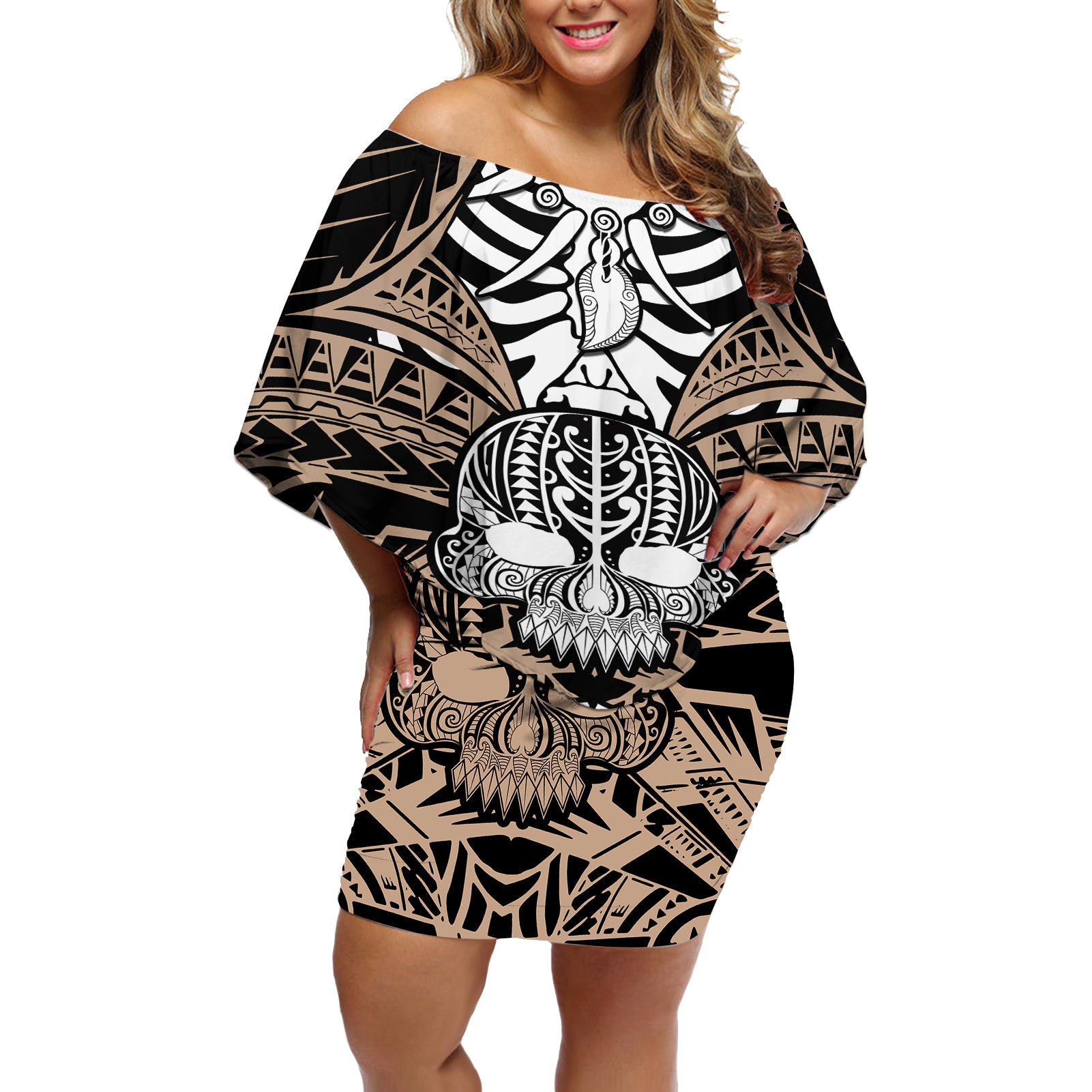 personalised-polynesia-skull-off-shoulder-short-dress-with-boars-tusk-gold-arty-vibe