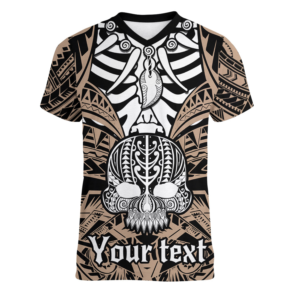 personalised-polynesia-skull-women-v-neck-t-shirt-with-boars-tusk-gold-arty-vibe
