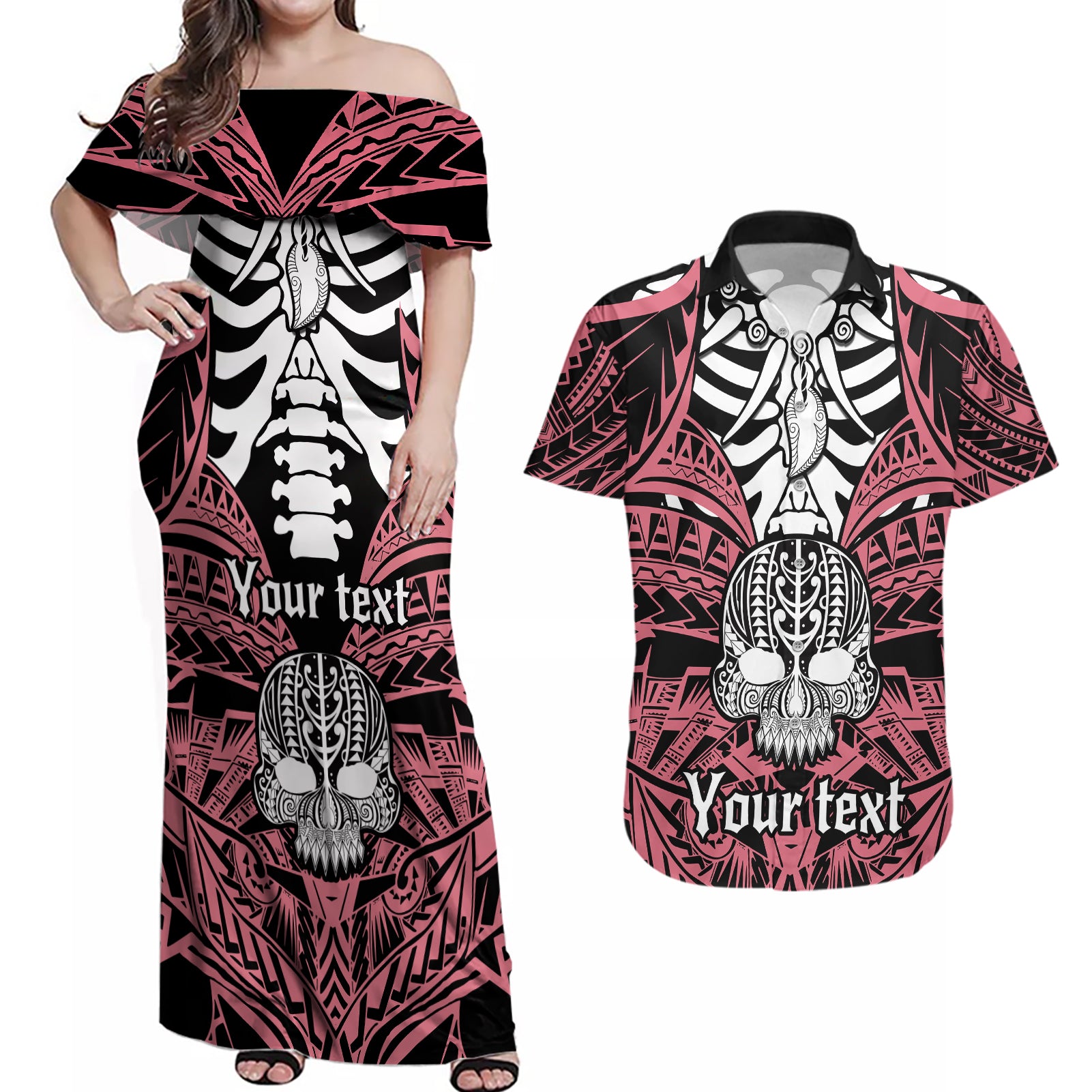 personalised-polynesia-skull-couples-matching-off-shoulder-maxi-dress-and-hawaiian-shirt-with-boars-tusk-pink-arty-vibe