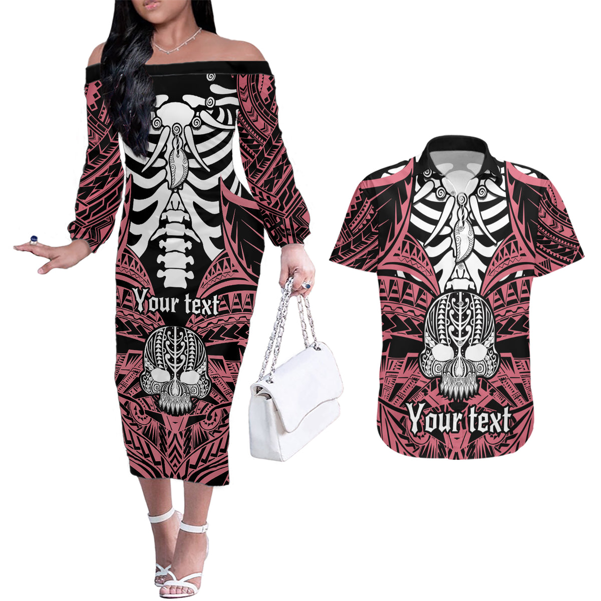 personalised-polynesia-skull-couples-matching-off-the-shoulder-long-sleeve-dress-and-hawaiian-shirt-with-boars-tusk-pink-arty-vibe
