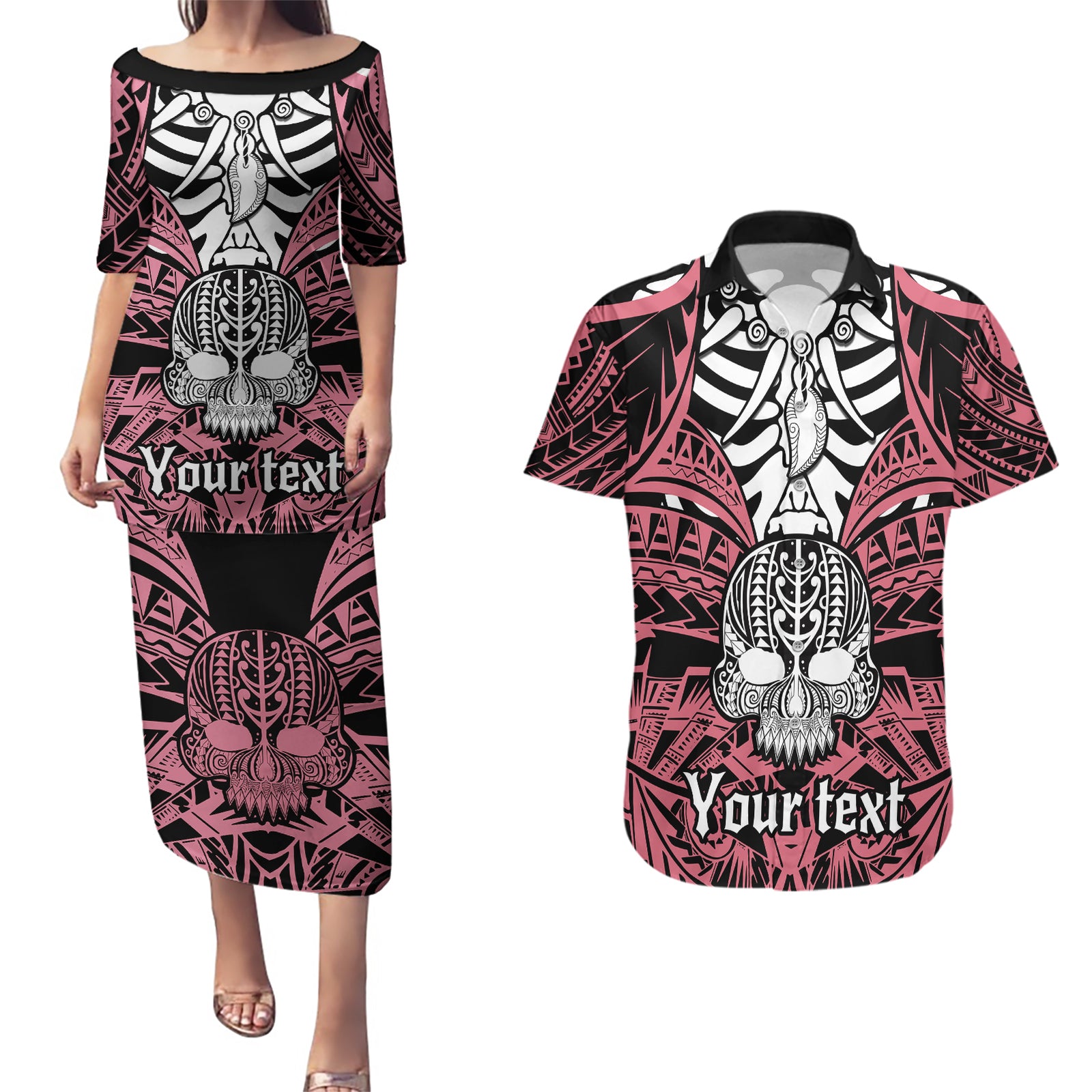 personalised-polynesia-skull-couples-matching-puletasi-dress-and-hawaiian-shirt-with-boars-tusk-pink-arty-vibe