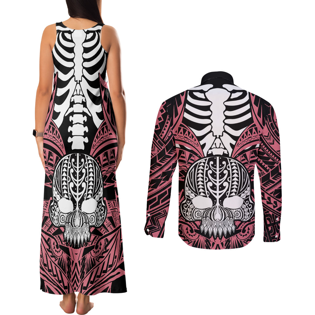 personalised-polynesia-skull-couples-matching-tank-maxi-dress-and-long-sleeve-button-shirts-with-boars-tusk-pink-arty-vibe