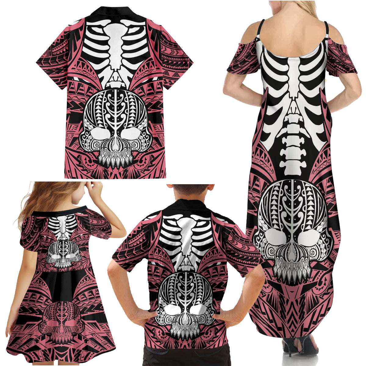 personalised-polynesia-skull-family-matching-summer-maxi-dress-and-hawaiian-shirt-with-boars-tusk-pink-arty-vibe