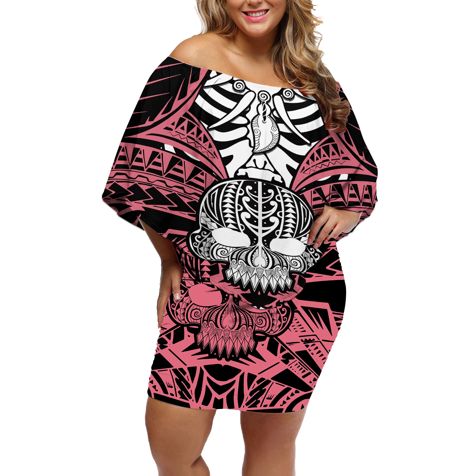 personalised-polynesia-skull-off-shoulder-short-dress-with-boars-tusk-pink-arty-vibe