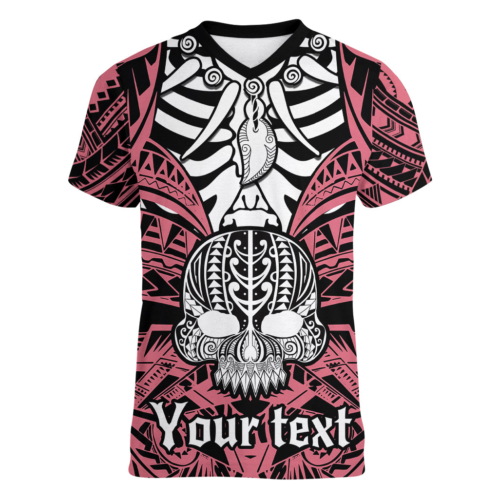 personalised-polynesia-skull-women-v-neck-t-shirt-with-boars-tusk-pink-arty-vibe