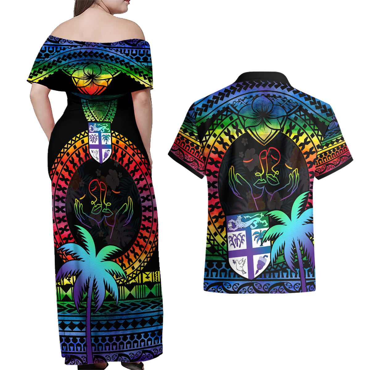 fiji-lgbt-couples-matching-off-shoulder-maxi-dress-and-hawaiian-shirt-love-is-love-tapa-pattern-rainbow-water-color