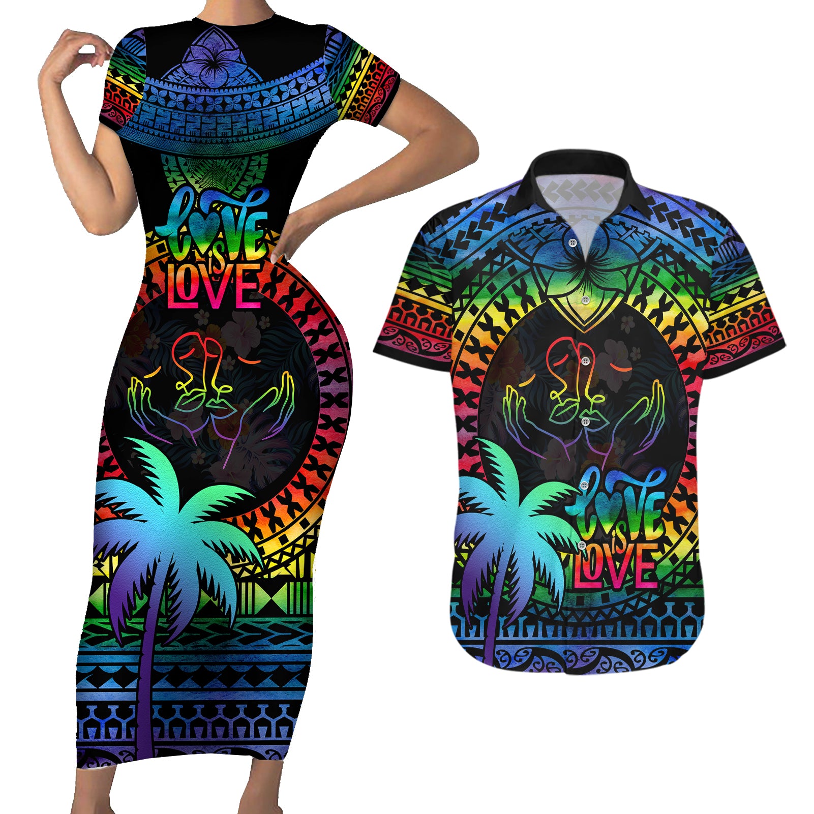 fiji-lgbt-couples-matching-short-sleeve-bodycon-dress-and-hawaiian-shirt-love-is-love-tapa-pattern-rainbow-water-color