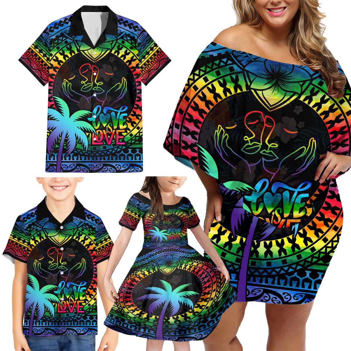 fiji-lgbt-family-matching-off-shoulder-short-dress-and-hawaiian-shirt-love-is-love-tapa-pattern-rainbow-water-color