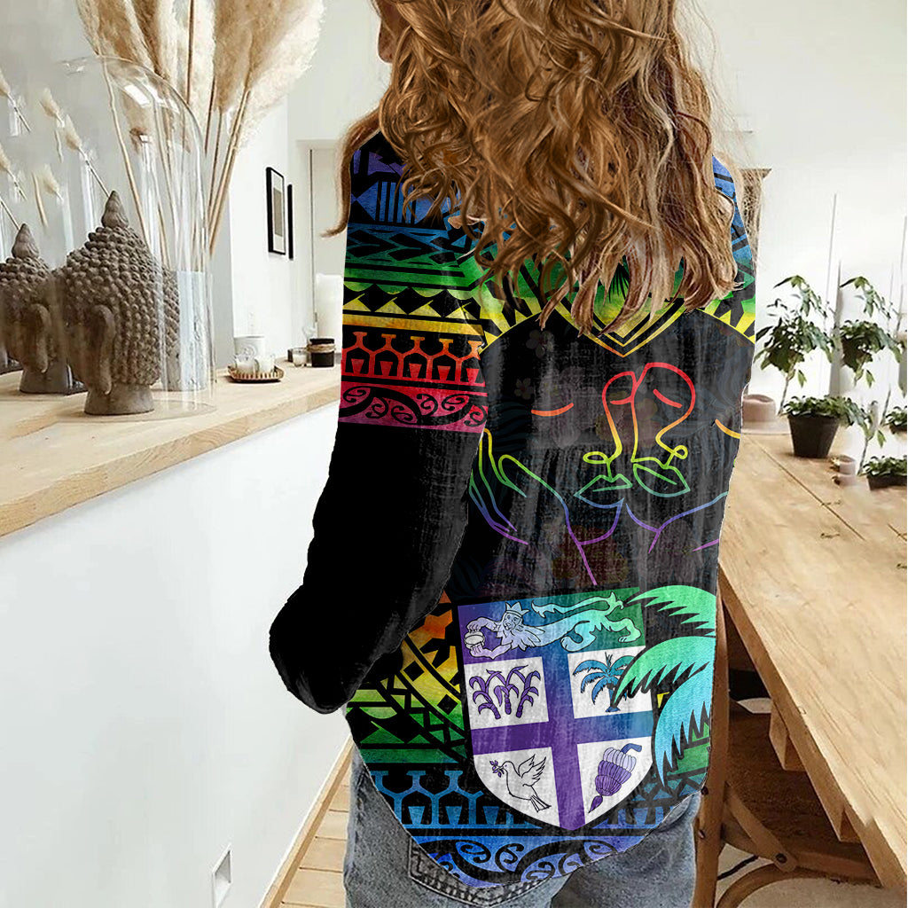 Fiji LGBT Women Casual Shirt Love Is Love Tapa Pattern Rainbow Water Color LT9 - Polynesian Pride