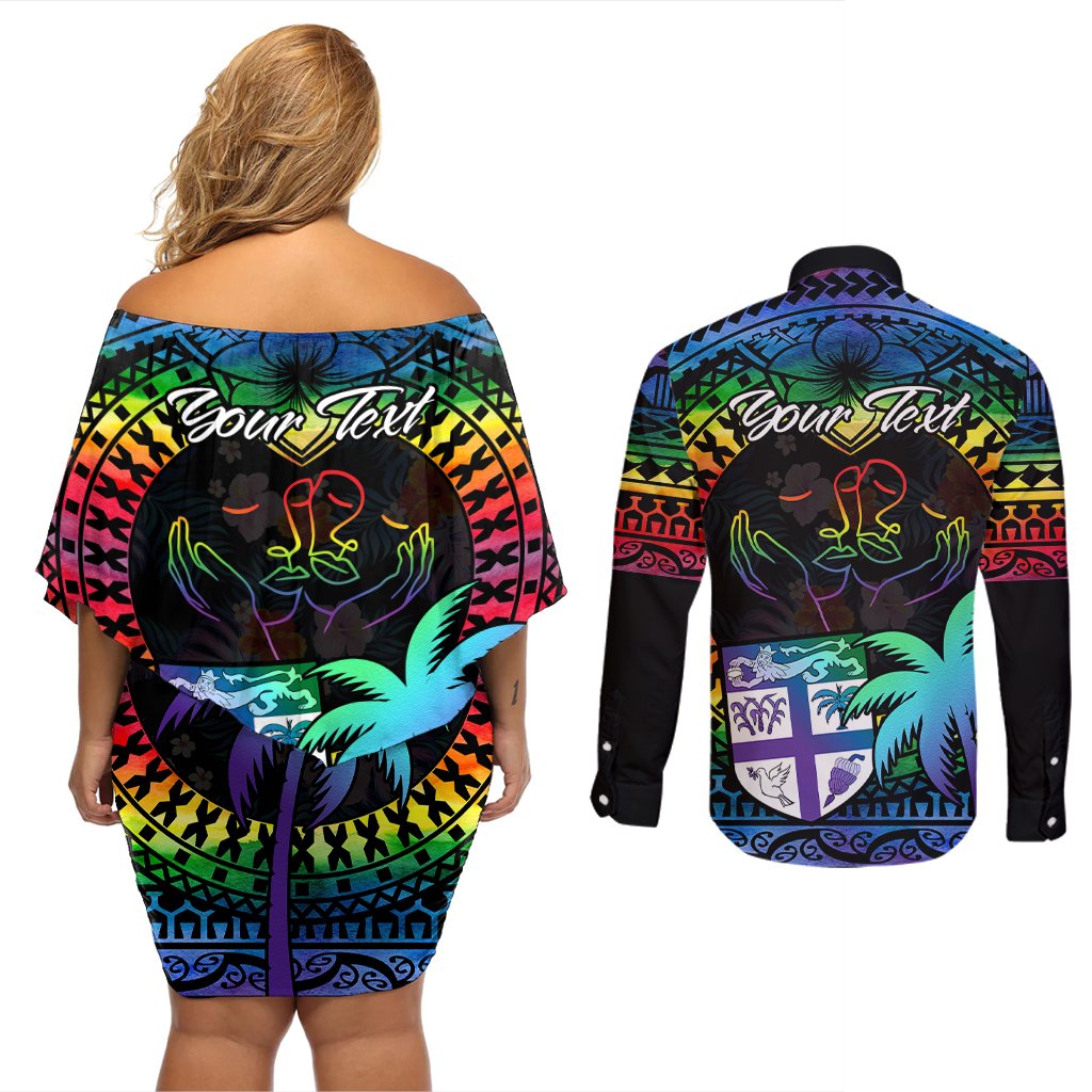 personalised-fiji-lgbt-couples-matching-off-shoulder-short-dress-and-long-sleeve-button-shirts-love-is-love-tapa-pattern-rainbow-water-color
