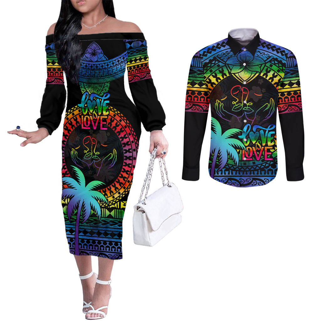 Personalised Fiji LGBT Couples Matching Off The Shoulder Long Sleeve Dress and Long Sleeve Button Shirts Love Is Love Tapa Pattern Rainbow Water Color LT9 Black - Polynesian Pride