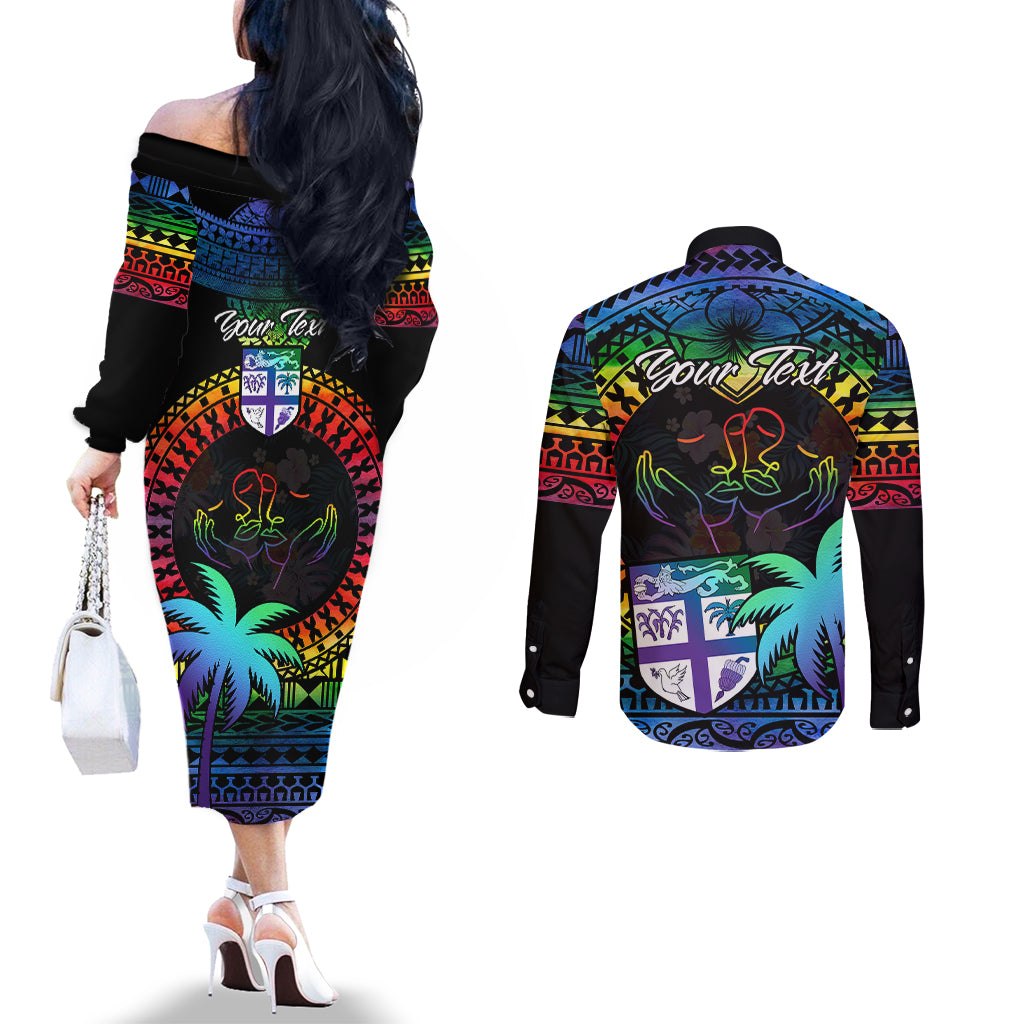 Personalised Fiji LGBT Couples Matching Off The Shoulder Long Sleeve Dress and Long Sleeve Button Shirts Love Is Love Tapa Pattern Rainbow Water Color LT9 - Polynesian Pride