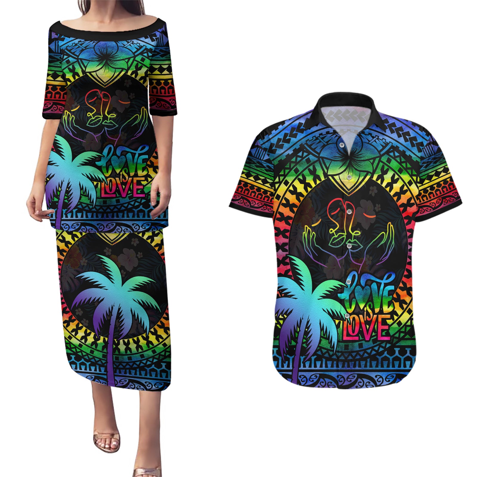 personalised-fiji-lgbt-couples-matching-puletasi-dress-and-hawaiian-shirt-love-is-love-tapa-pattern-rainbow-water-color