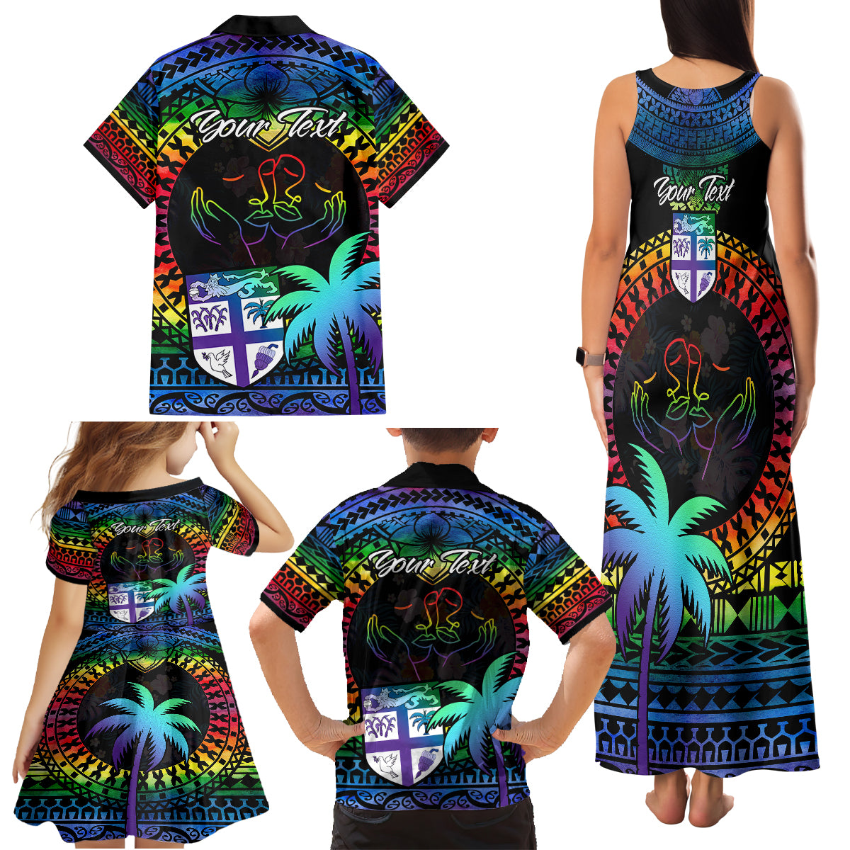 personalised-fiji-lgbt-family-matching-tank-maxi-dress-and-hawaiian-shirt-love-is-love-tapa-pattern-rainbow-water-color