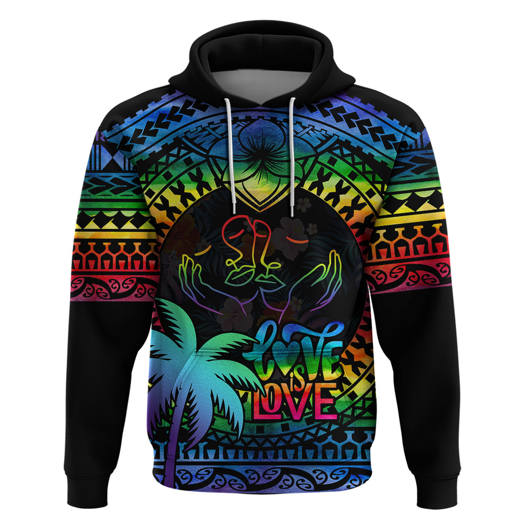 Personalised Fiji LGBT Hoodie Love Is Love Tapa Pattern Rainbow Water Color LT9 Black - Polynesian Pride