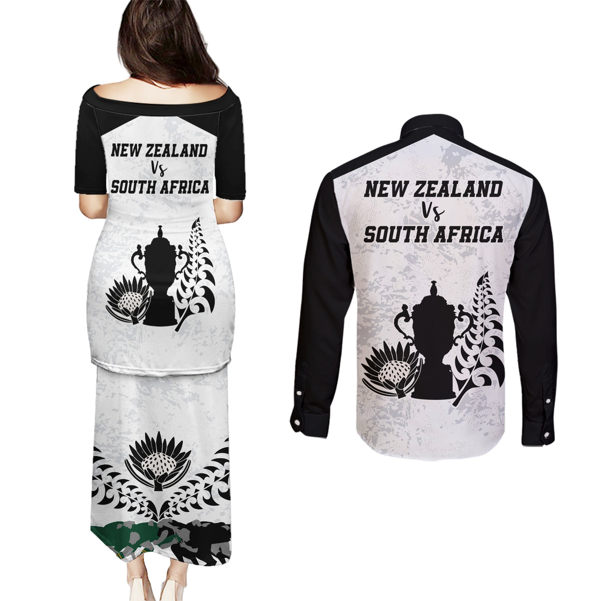 New Zealand South Africa Rugby Couples Matching Puletasi Dress and Long Sleeve Button Shirt History Commemorative World Cup Winners Unique LT9 - Polynesian Pride