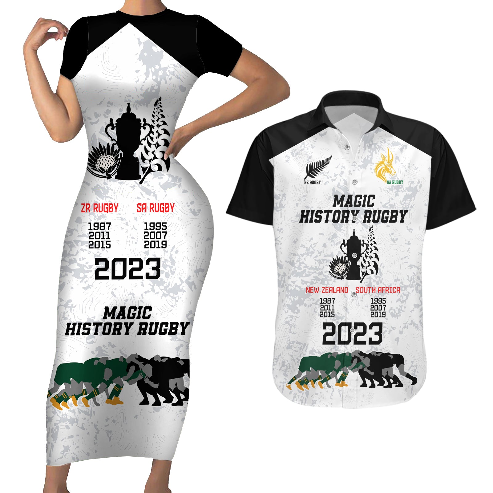 New Zealand South Africa Rugby Couples Matching Short Sleeve Bodycon Dress and Hawaiian Shirt History Commemorative World Cup Winners Unique LT9 White - Polynesian Pride