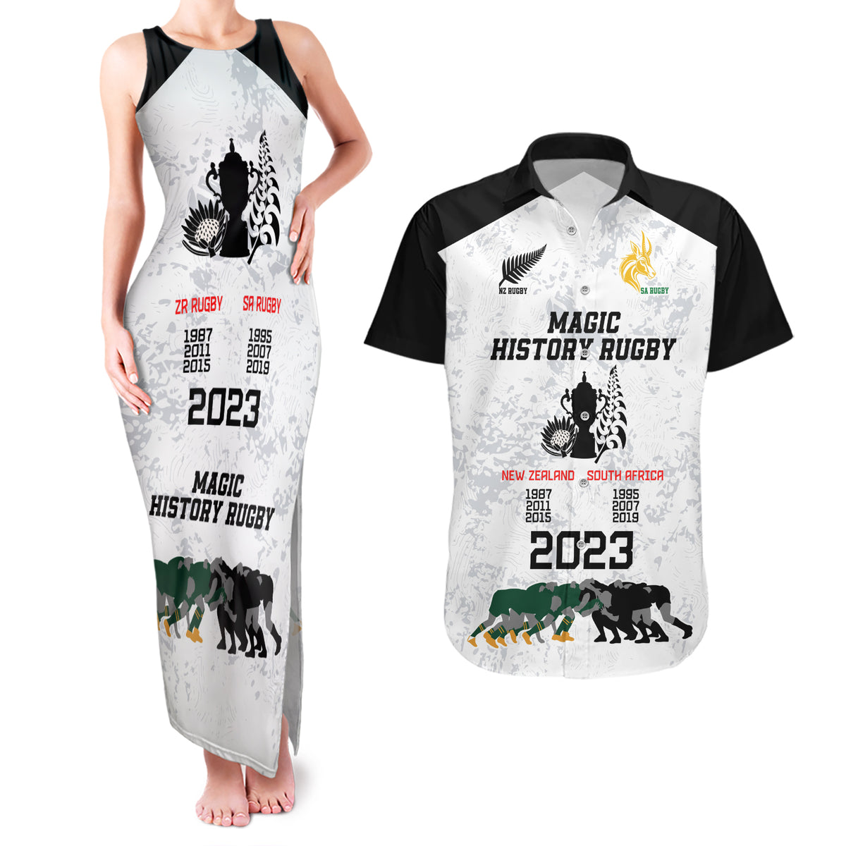 New Zealand South Africa Rugby Couples Matching Tank Maxi Dress and Hawaiian Shirt History Commemorative World Cup Winners Unique LT9 White - Polynesian Pride