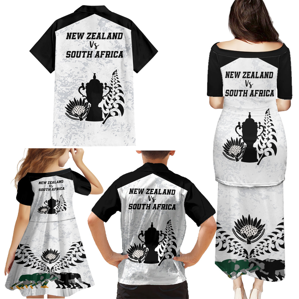 New Zealand South Africa Rugby Family Matching Puletasi Dress and Hawaiian Shirt History Commemorative World Cup Winners Unique LT9 - Polynesian Pride