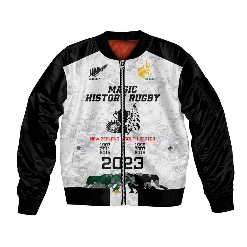 New Zealand South Africa Rugby Sleeve Zip Bomber Jacket History Commemorative World Cup Winners Unique LT9 Unisex White - Polynesian Pride