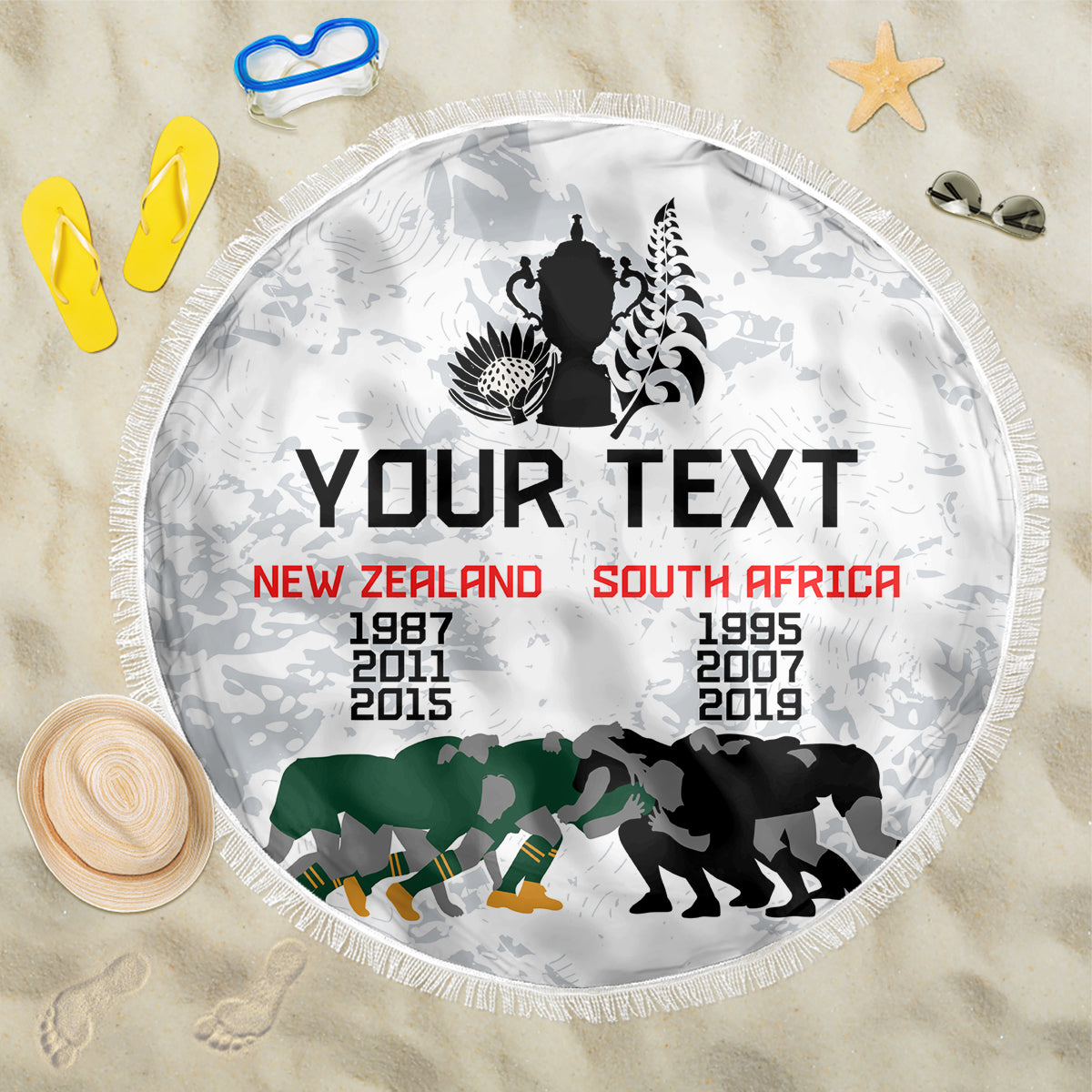 Custom New Zealand South Africa Rugby Beach Blanket History Commemorative World Cup Winners Unique LT9 One Size 150cm White - Wonder Print Shop