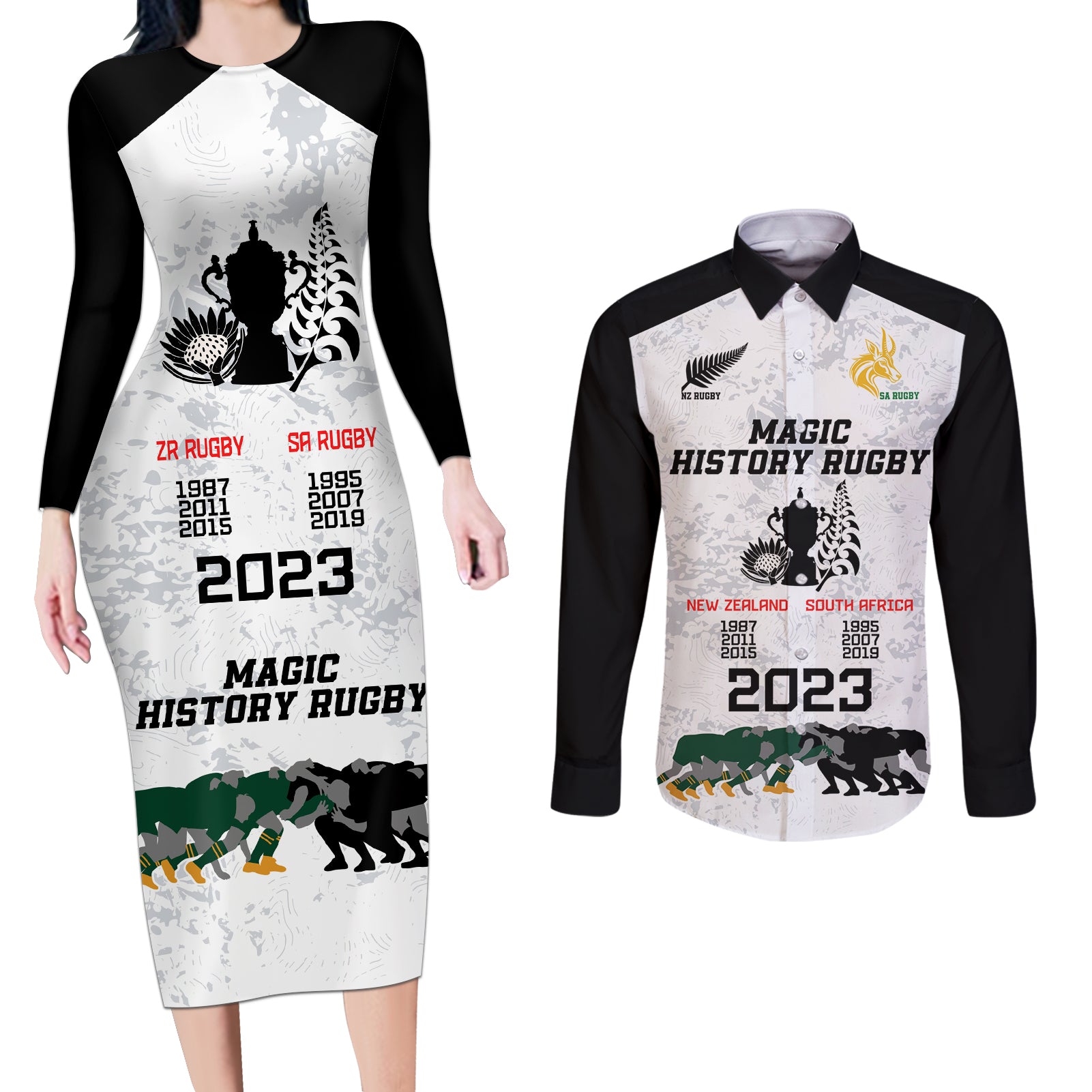 Custom New Zealand South Africa Rugby Couples Matching Long Sleeve Bodycon Dress and Long Sleeve Button Shirt History Commemorative World Cup Winners Unique LT9 White - Polynesian Pride