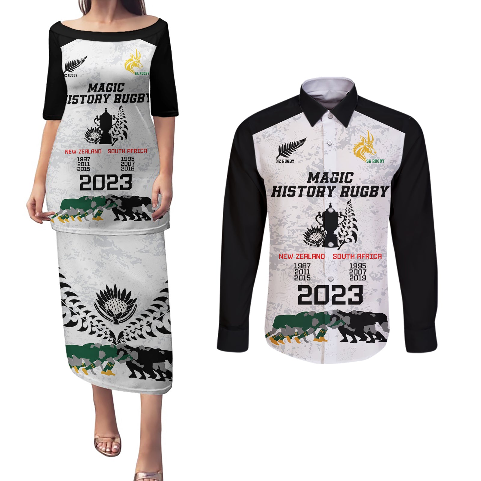 Custom New Zealand South Africa Rugby Couples Matching Puletasi Dress and Long Sleeve Button Shirt History Commemorative World Cup Winners Unique LT9 White - Polynesian Pride