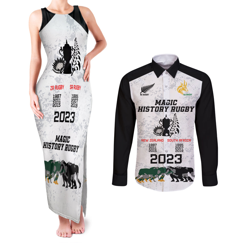 Custom New Zealand South Africa Rugby Couples Matching Tank Maxi Dress and Long Sleeve Button Shirt History Commemorative World Cup Winners Unique LT9 White - Polynesian Pride