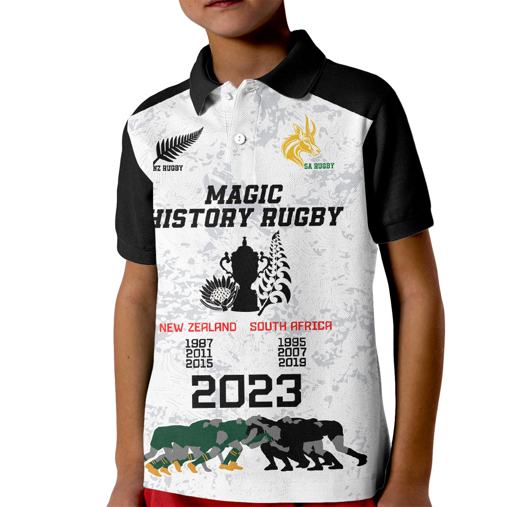 Custom New Zealand South Africa Rugby Kid Polo Shirt History Commemorative World Cup Winners Unique LT9 Kid White - Polynesian Pride