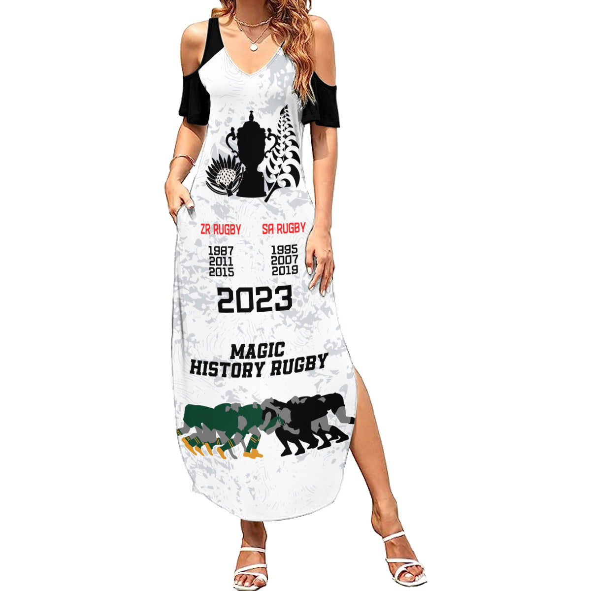 Custom New Zealand South Africa Rugby Summer Maxi Dress History Commemorative World Cup Winners Unique LT9 Women White - Polynesian Pride