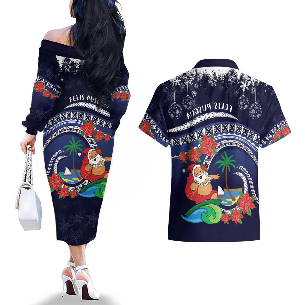 Felis Pusgua Guam Santa Couples Matching Off The Shoulder Long Sleeve Dress and Hawaiian Shirt Merry Christmas with Polynesian Tribal LT9 - Polynesian Pride