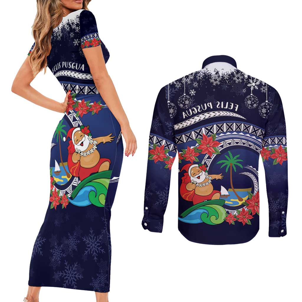 Felis Pusgua Guam Santa Couples Matching Short Sleeve Bodycon Dress and Long Sleeve Button Shirt Merry Christmas with Polynesian Tribal