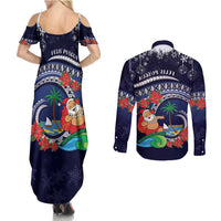 Felis Pusgua Guam Santa Couples Matching Summer Maxi Dress and Long Sleeve Button Shirt Merry Christmas with Polynesian Tribal