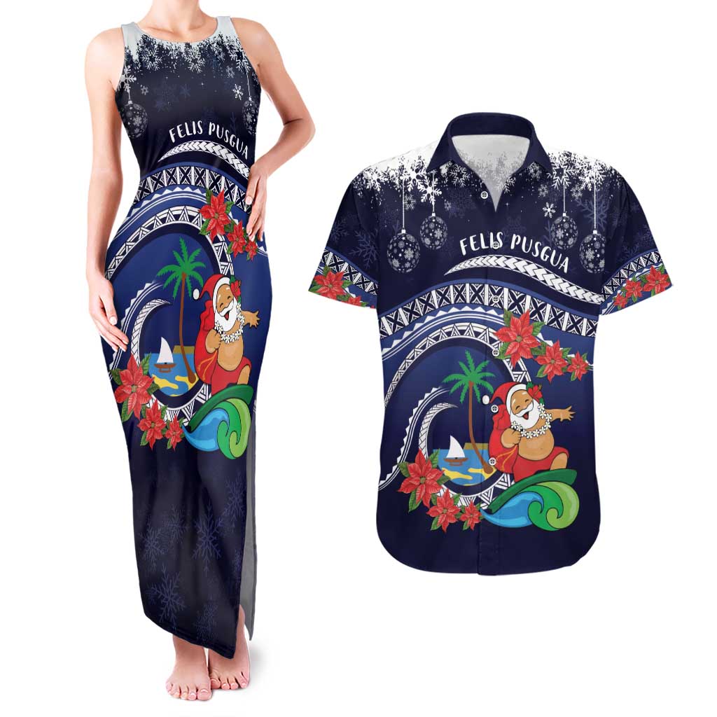 Felis Pusgua Guam Santa Couples Matching Tank Maxi Dress and Hawaiian Shirt Merry Christmas with Polynesian Tribal LT9 Blue - Polynesian Pride