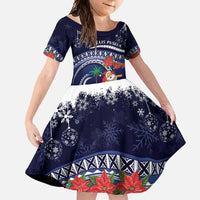 Felis Pusgua Guam Santa Family Matching Long Sleeve Bodycon Dress and Hawaiian Shirt Merry Christmas with Polynesian Tribal LT9 Daughter's Dress Blue - Polynesian Pride