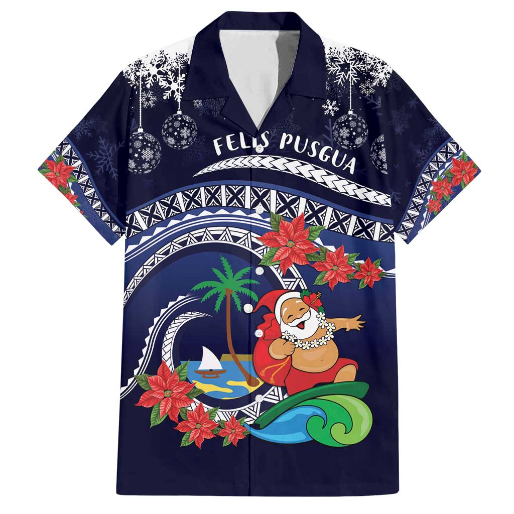 Felis Pusgua Guam Santa Family Matching Long Sleeve Bodycon Dress and Hawaiian Shirt Merry Christmas with Polynesian Tribal LT9 Dad's Shirt - Short Sleeve Blue - Polynesian Pride