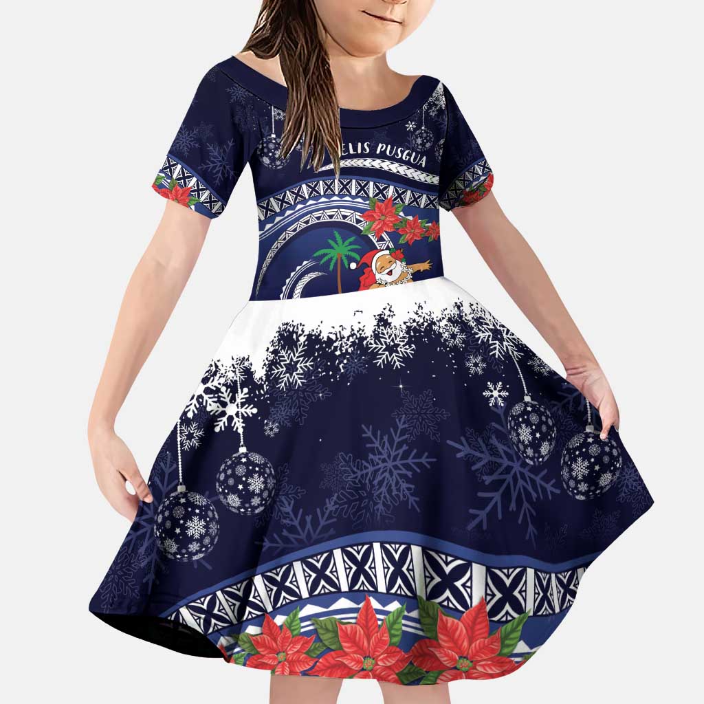 Felis Pusgua Guam Santa Family Matching Puletasi and Hawaiian Shirt Merry Christmas with Polynesian Tribal LT9 Daughter's Dress Blue - Polynesian Pride