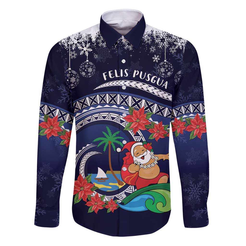 Felis Pusgua Guam Santa Family Matching Puletasi and Hawaiian Shirt Merry Christmas with Polynesian Tribal LT9 Dad's Shirt - Long Sleeve Blue - Polynesian Pride