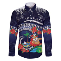 Felis Pusgua Guam Santa Family Matching Puletasi and Hawaiian Shirt Merry Christmas with Polynesian Tribal LT9 Dad's Shirt - Long Sleeve Blue - Polynesian Pride