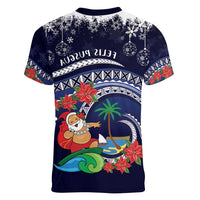 Felis Pusgua Guam Santa Women V-Neck T-Shirt Merry Christmas with Polynesian Tribal
