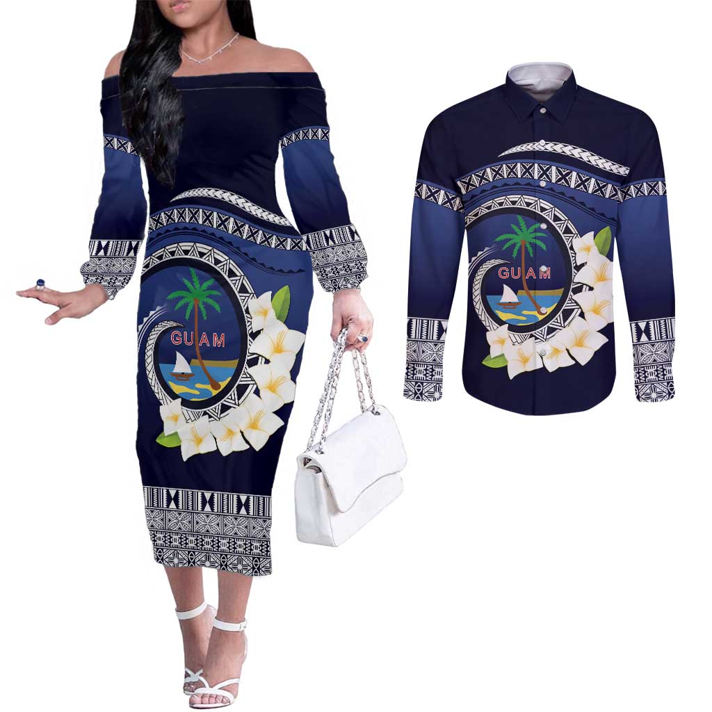 Hafai Adai Guam Guasalis Couples Matching Off The Shoulder Long Sleeve Dress and Long Sleeve Button Shirt Polynesian Tribal Pattern