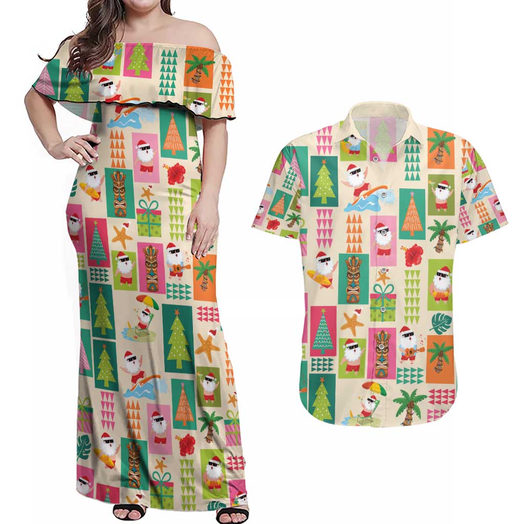 Mele Kalikimaka Hawaii Christmas Couples Matching Off Shoulder Maxi Dress and Hawaiian Shirt Funny Santan Hippie Style