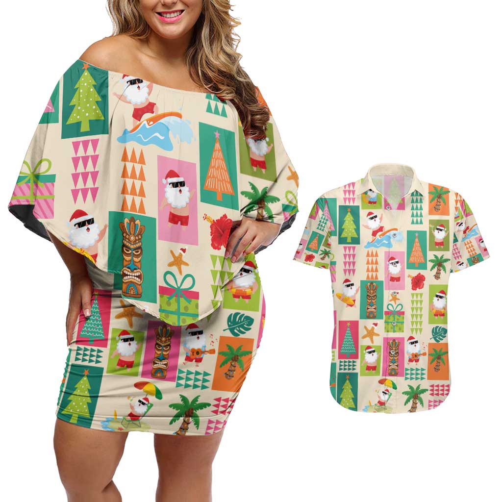 Mele Kalikimaka Hawaii Christmas Couples Matching Off Shoulder Short Dress and Hawaiian Shirt Funny Santan Hippie Style LT9 Beige - Polynesian Pride