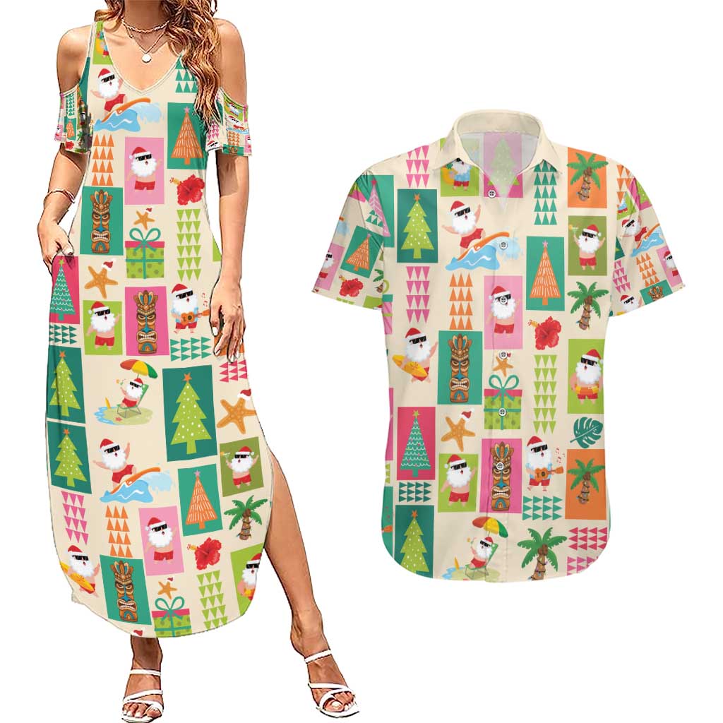 Mele Kalikimaka Hawaii Christmas Couples Matching Summer Maxi Dress and Hawaiian Shirt Funny Santan Hippie Style LT9 Beige - Polynesian Pride