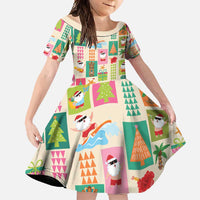 Mele Kalikimaka Hawaii Christmas Family Matching Long Sleeve Bodycon Dress and Hawaiian Shirt Funny Santan Hippie Style LT9 Daughter's Dress Beige - Polynesian Pride