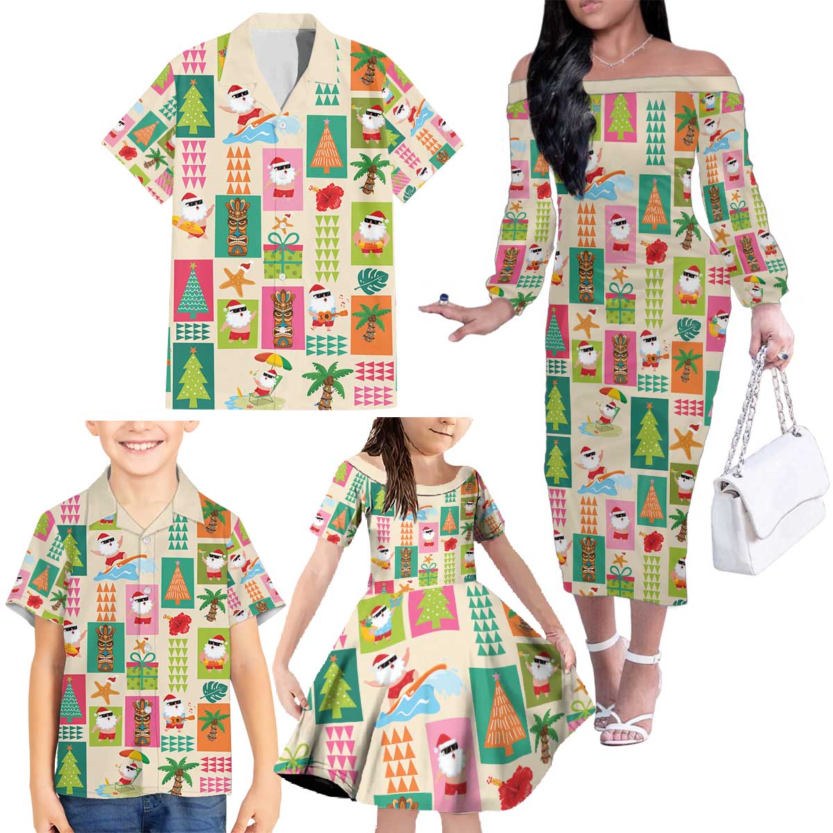 Mele Kalikimaka Hawaii Christmas Family Matching Off The Shoulder Long Sleeve Dress and Hawaiian Shirt Funny Santan Hippie Style