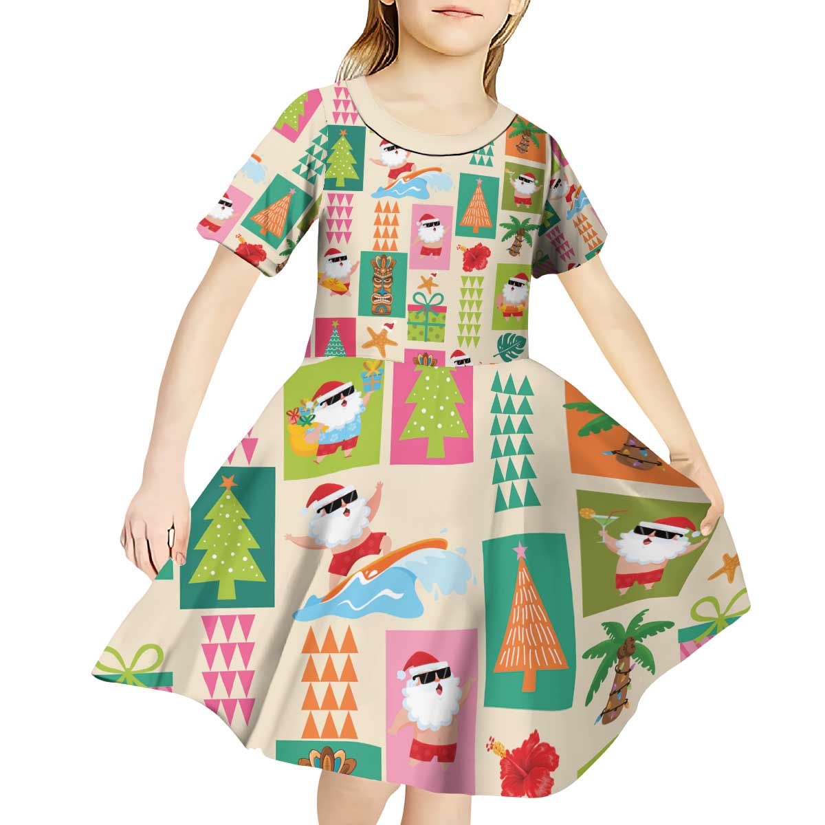 Mele Kalikimaka Hawaii Christmas Kid Short Sleeve Dress Funny Santan Hippie Style
