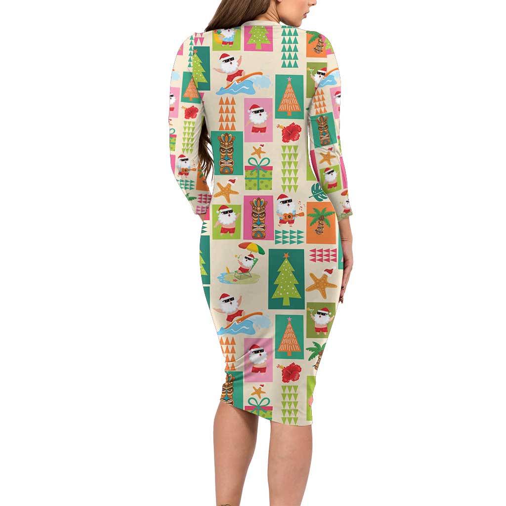 Mele Kalikimaka Hawaii Christmas Long Sleeve Bodycon Dress Funny Santan Hippie Style